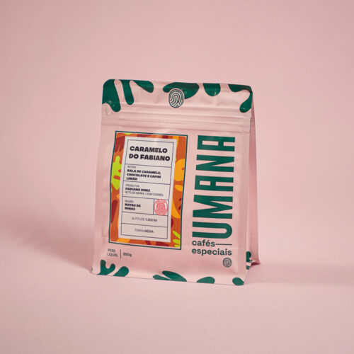 Pacote de café Caramelo do Fabiano, linha Essenciais da Umana, produzido por Fabiano Diniz