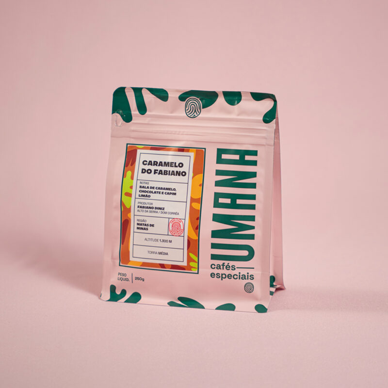 Embalagem Caramelo do Fabiano Pacote de café Caramelo do Fabiano, linha Essenciais da Umana, produzido por Fabiano Diniz