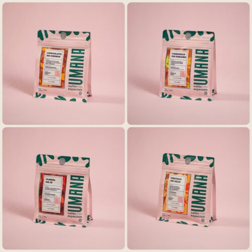 Os quatro cafés da linha Essenciais da Umana: Chocolate da Cidinha, Caramelo do Fabiano, Floral da Jú e Frutado do Julio