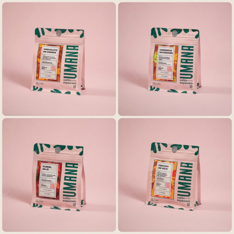 Kit Iniciante Essenciais Os quatro cafés da linha Essenciais da Umana: Chocolate da Cidinha, Caramelo do Fabiano, Floral da Jú e Frutado do Julio